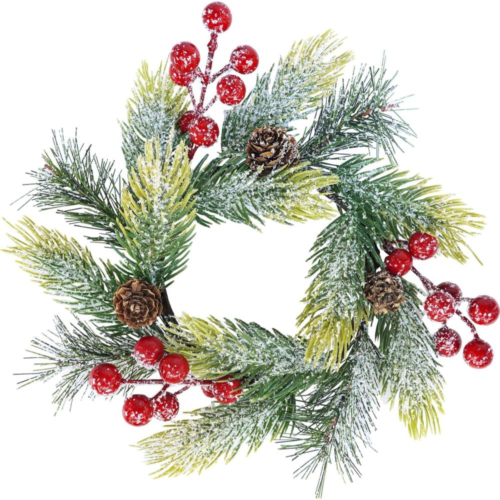 imageWinlyn 4 Pcs Artificial Frosted Cedar Pine Candle Rings Christmas Candle Holder Rings Wreaths Pine Cones Red Pip Berries Mini Window Mirror Wreaths 146quot Wide for Winter Holiday Table Farmhouse DcorL