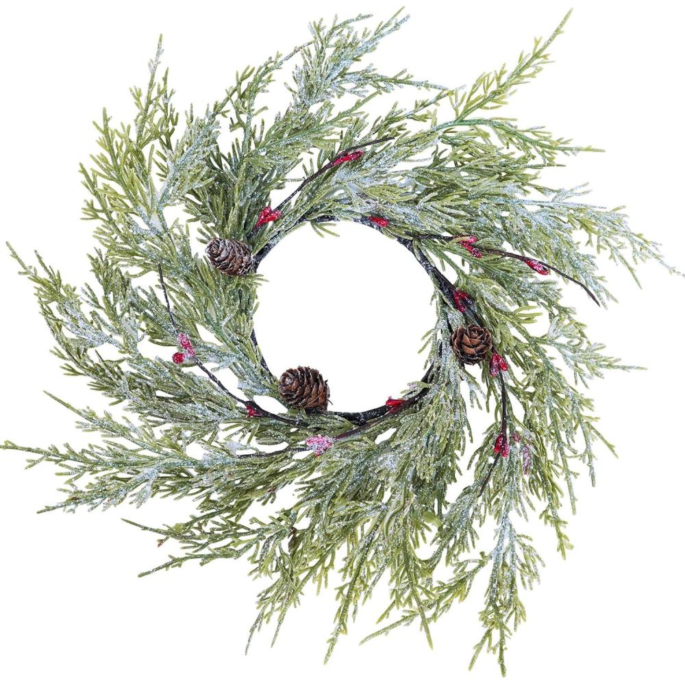 imageWinlyn 4 Pcs Artificial Frosted Cedar Pine Candle Rings Christmas Candle Holder Rings Wreaths Pine Cones Red Pip Berries Mini Window Mirror Wreaths 146quot Wide for Winter Holiday Table Farmhouse DcorD