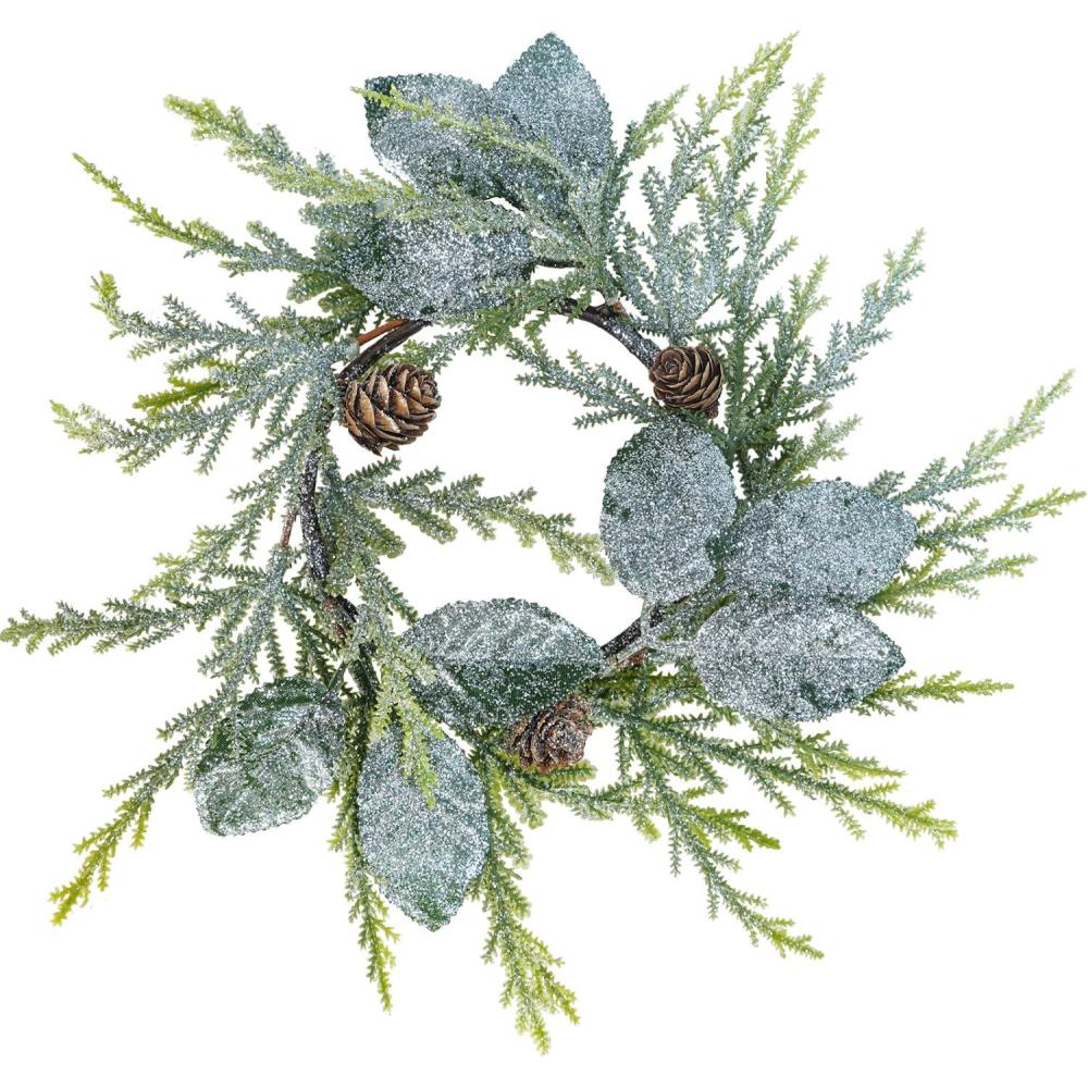 imageWinlyn 4 Pcs Artificial Frosted Cedar Pine Candle Rings Christmas Candle Holder Rings Wreaths Pine Cones Red Pip Berries Mini Window Mirror Wreaths 146quot Wide for Winter Holiday Table Farmhouse DcorI