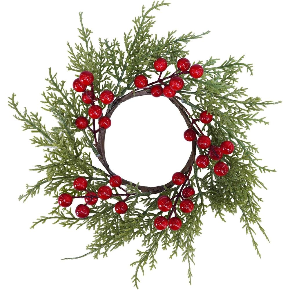 imageWinlyn 4 Pcs Artificial Frosted Cedar Pine Candle Rings Christmas Candle Holder Rings Wreaths Pine Cones Red Pip Berries Mini Window Mirror Wreaths 146quot Wide for Winter Holiday Table Farmhouse DcorA