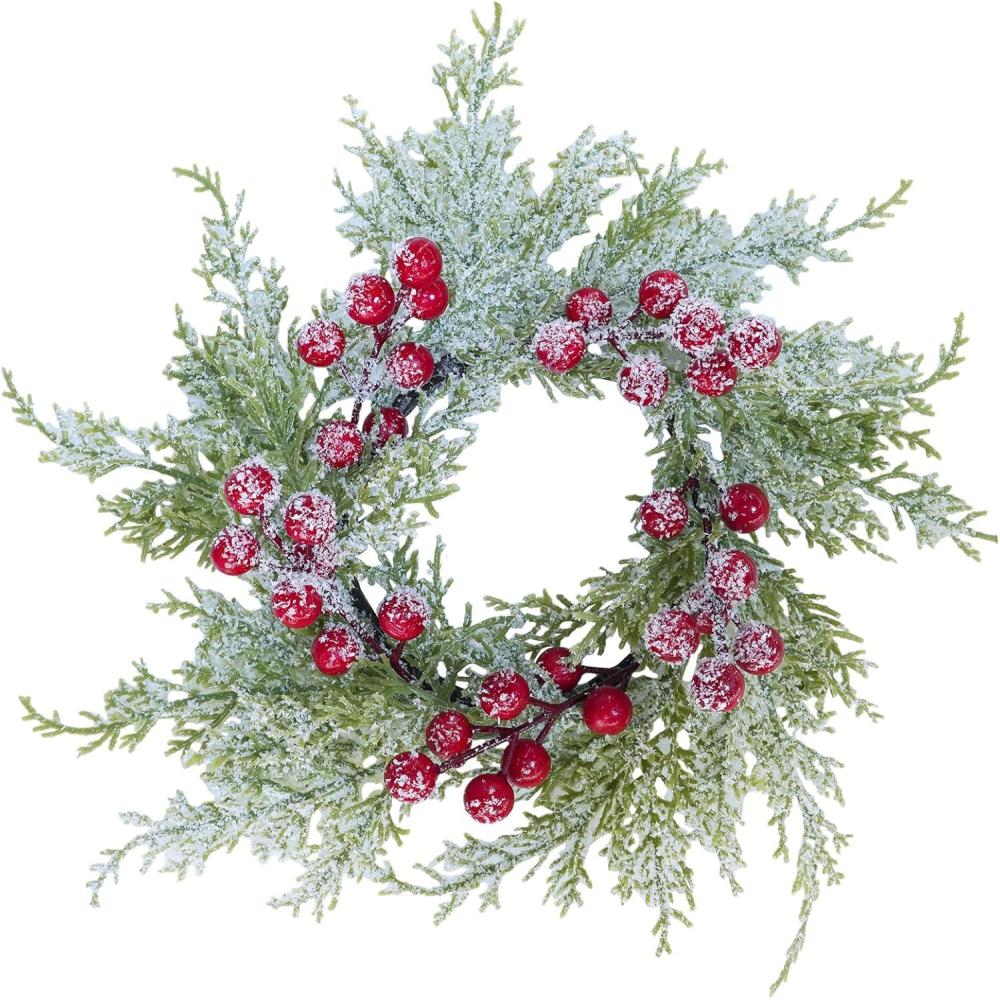 imageWinlyn 4 Pcs Artificial Frosted Cedar Pine Candle Rings Christmas Candle Holder Rings Wreaths Pine Cones Red Pip Berries Mini Window Mirror Wreaths 146quot Wide for Winter Holiday Table Farmhouse DcorB