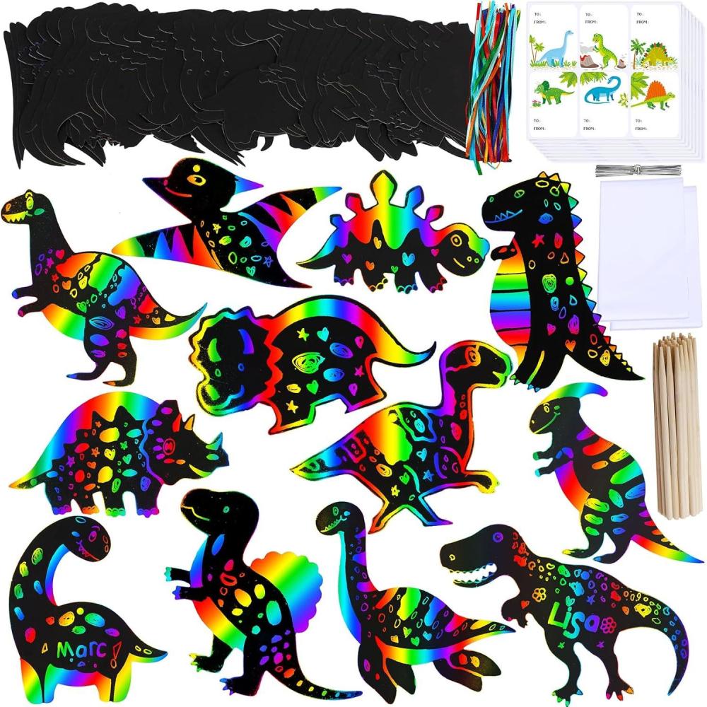 imageWinlyn 48 Sets 12 Styles Magic Color Scratch Dinosaur Ornaments Craft Kits Rainbow Scratch Paper Art Sets Scratch Paper Dinosaur with Scratching Tools for Kids Classroom Activities Party Favors