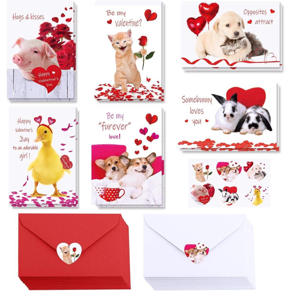 imageWinlyn 48 Sets Valentines Day Cards Assortment Blank Corgi Dog Cat Pet Valentine Cards Bulk Animal Love Note Cards Thank You Cards with Envelopes Heart Stickers for Her Him Anniversary Kids Classroom