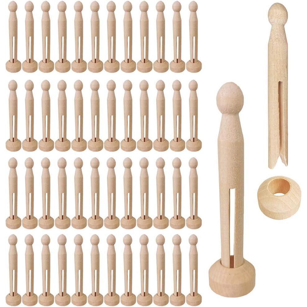 imageWinlyn 50 Sets Unfinished Wood Doll Pins Doll Clothespins Wooden Round Peg Wood Clothespins and Stands Craft Supplies for DIY Art Painting Projects Doll Ornaments Rustic Country Embellishments