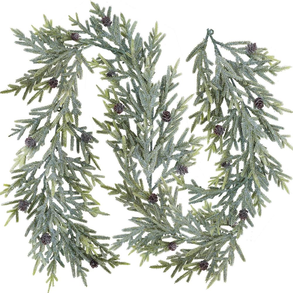 imageWinlyn 6 Artificial Frosted Christmas Pine Garland with Pine Cones Glitter Winter Greenery Garland for Christmas Winter Wedding Holiday Table Runner Centerpiece Doorway Season Mantel Decor