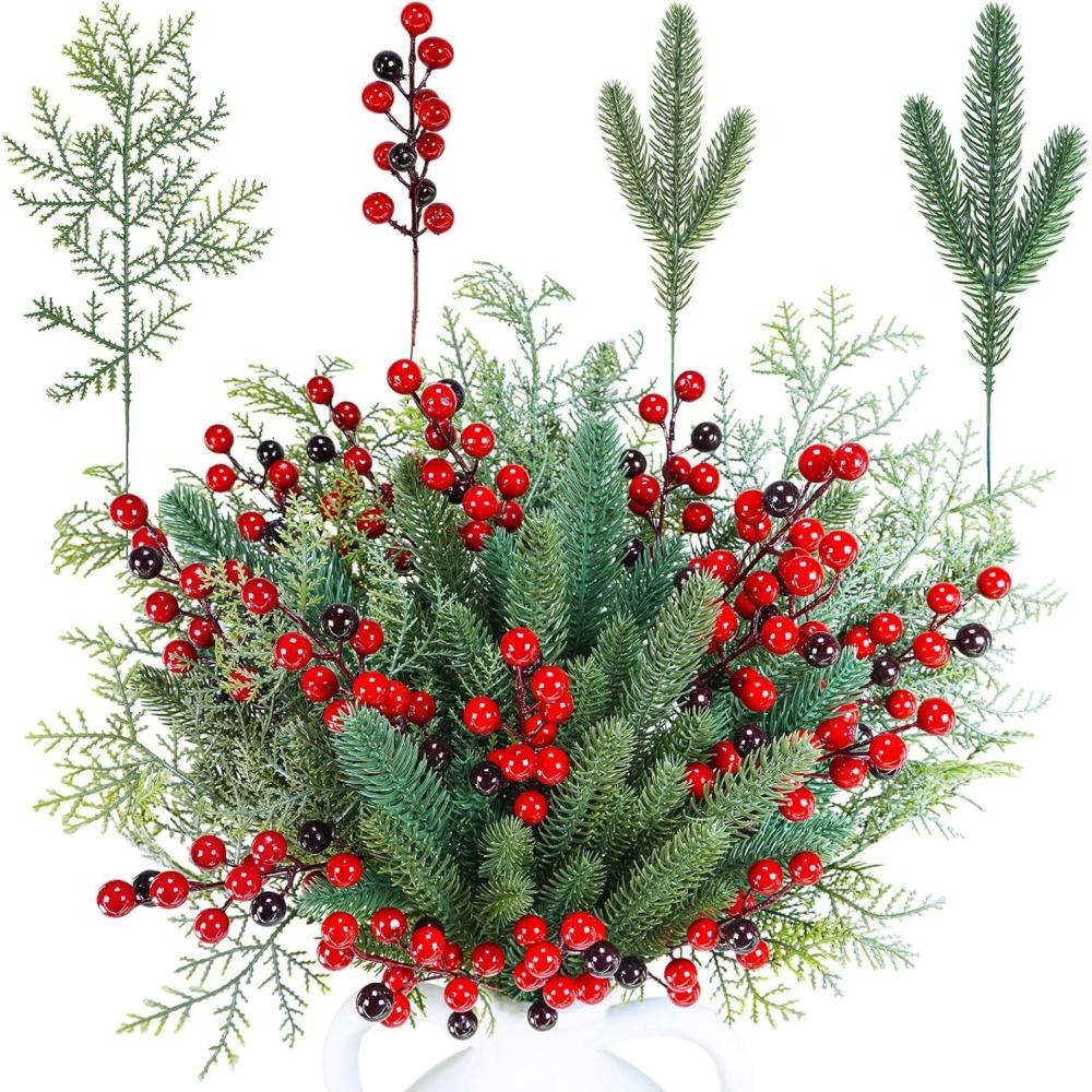 imageWinlyn 60 Pcs Christmas Artificial Pine Branches Red Berry Picks Fake Greenery Plants Pine Sprigs Christmas Tree Stems 81quot12quot for Holiday Christmas Tree DIY Garland Centerpiece Floral Arrangement