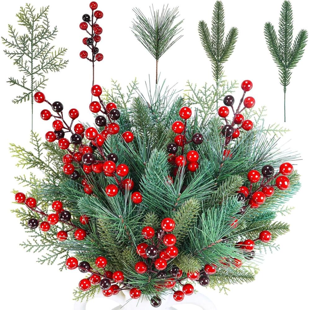 imageWinlyn 65 Pcs Artificial Pine Branches and Red Berries Stems Christmas Greenery Stems Cedar Picks for Christmas Tree Wreath Winter Wedding Holiday Floral Arrangement Table Centerpiece DIY Crafts