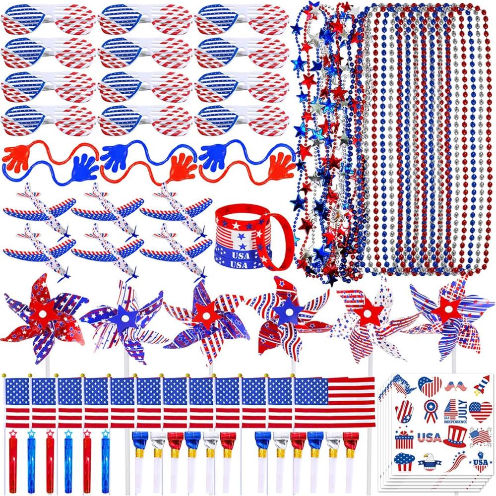 imageWinlyn Bulk Patriotic Party Favors Toy Jewelry Assortments American USA Flag Beaded Necklaces Tattoo Sunglasses Pinwheels Red White Blue for 4th of July Memorial Day Kids Classroom Rewards Prizes