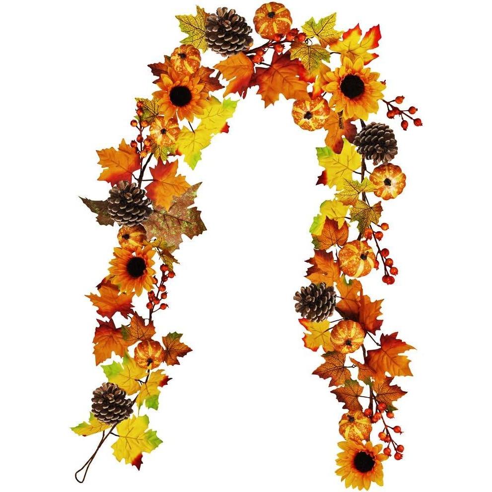 imageWinlyn Fake Fall Maple Leaf Garland Hanging Vine 6 Feet  Artificial Berries Sunflower Pumpkin Autumn Decoration for Wedding Party Thanksgiving Dinner Fireplace Door Frame Doorway Backdrop Decor