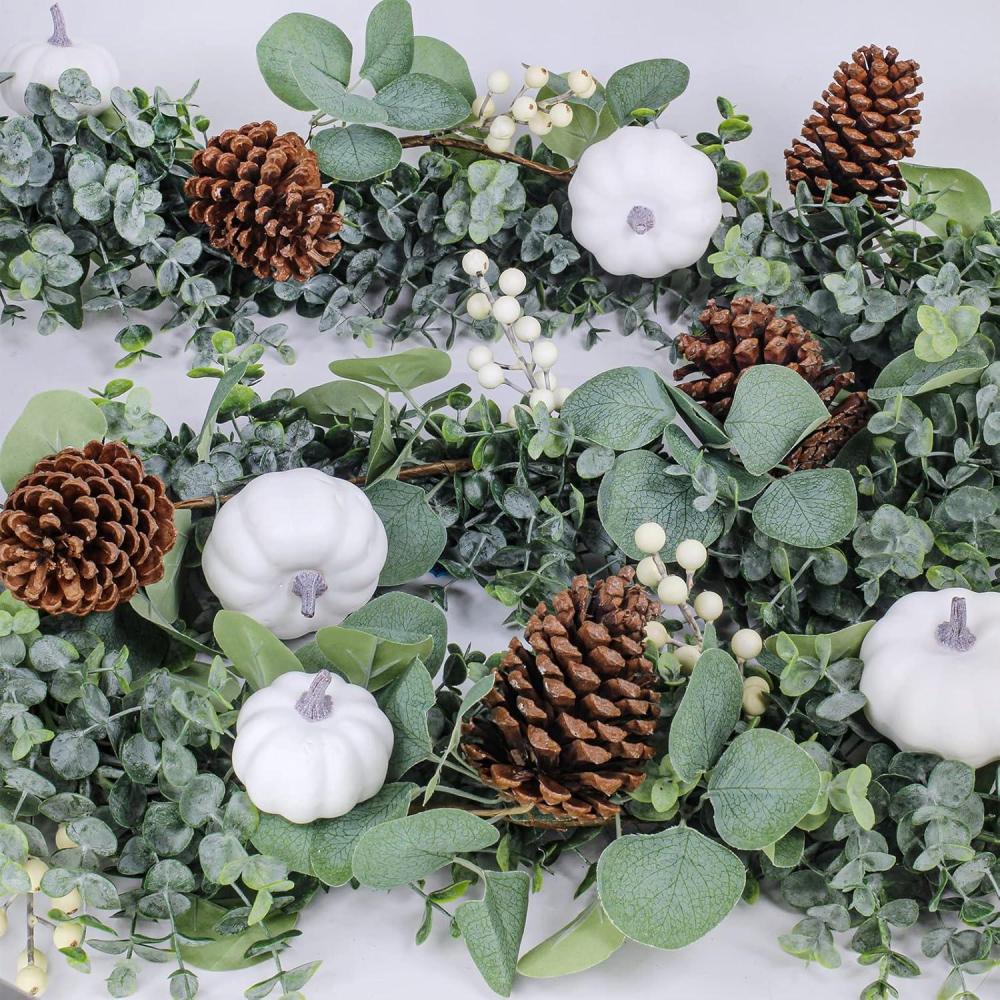 imageWinlyn Fall White Pumpkin Artificial Eucalyptus Garland with Pumpkins Pinecones Berries  Fall Decor 59 L  Farmhouse Wedding Arch Backdrop Thanksgiving Mantel Table Runner Centerpiece
