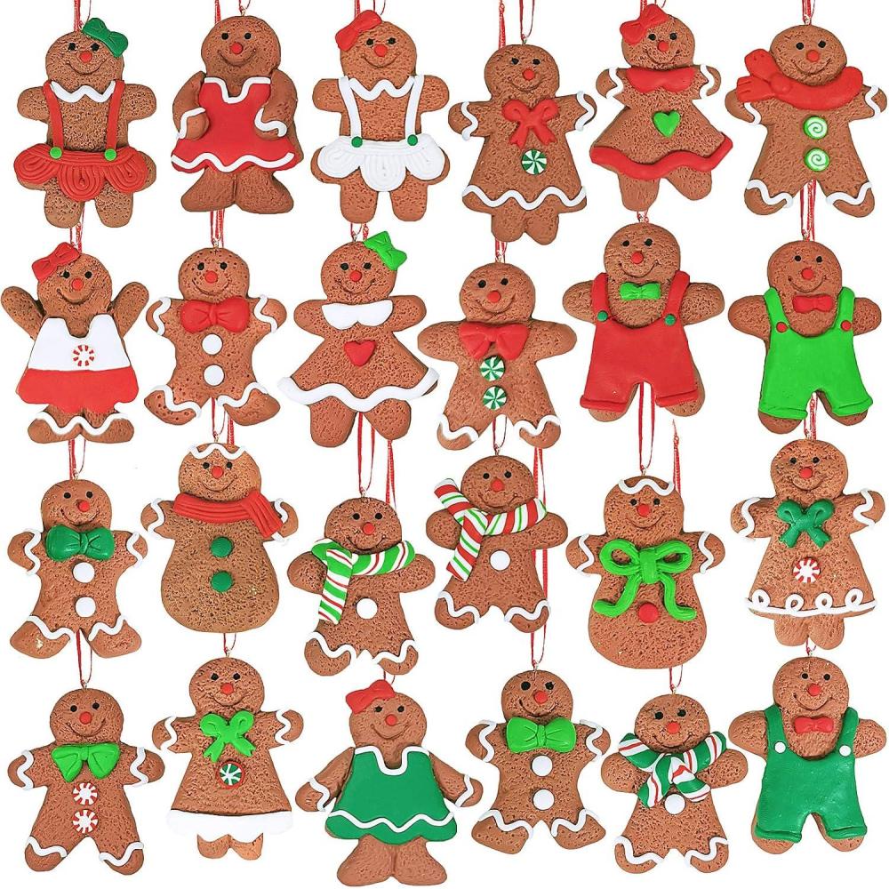 imageWinlyn Set of 24 Christmas Hanging Gingerbread Tree Ornaments Bulk Clay Figurine Ornaments Gingerbread Family Dolls Gingerman Ornaments for Gift Holiday Stocking Stuffers Tree Wreath Mantel Decor