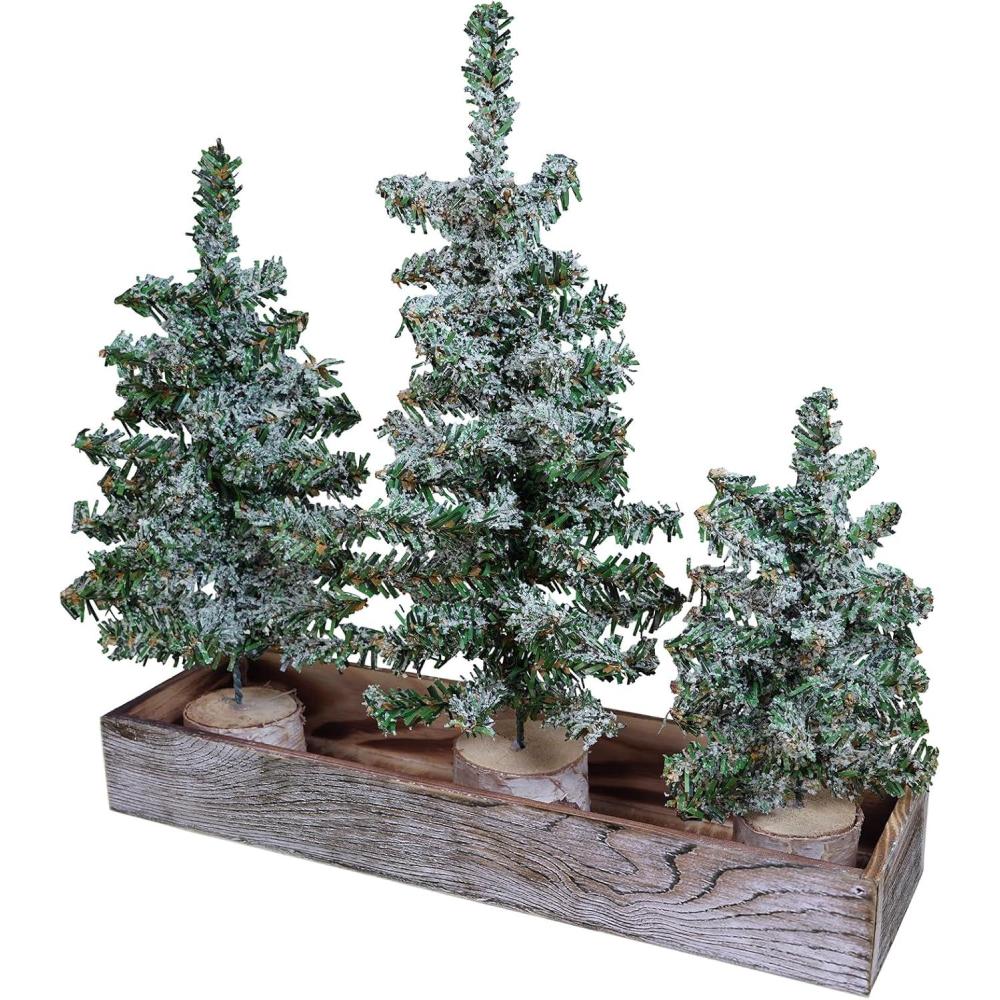 imageWinlyn Set of 3 Mini Snowy Artificial Canadian Pine Christmas Trees with Wood Bases Small Tabletop Christmas Trees in Rustic Wood Planter for Christmas Winter Table Centerpiece Holiday Decorations