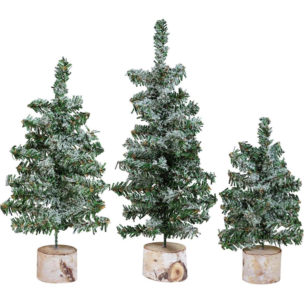imageWinlyn Set of 3 Mini Snowy Artificial Canadian Pine Trees with Wood Bases Small Tabletop Christmas Trees for Rustic Farmhouse Christmas Winter Holiday Seasonal Table Centerpiece Desk Decoration