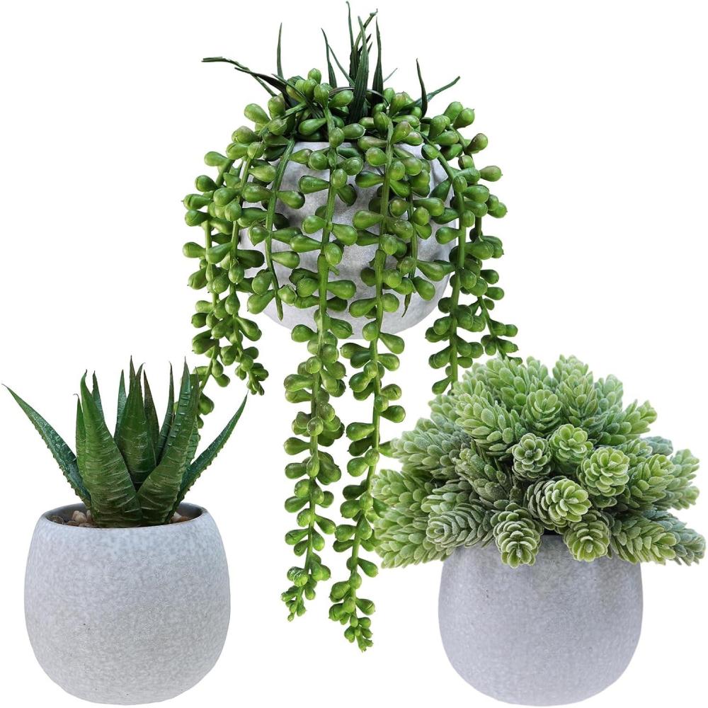 imageWinlyn Set of 3 Small Faux Potted Succulent Plants Artificial Trailing String of Pearls Aloe Hops Plant in Gray Ceramic Pots Desk Plant for Home Office Kitchen Bathroom Shelf Table Decorations
