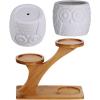 3pcs Owl Succulent Pots with 3 Tier Bamboo Saucers Stand Holder – White Modern Decorative Ceramic Flower Planter with Drainage – Home Office Desk Garden Mini Cactus Plant Pot Indoor Decoration