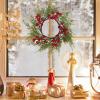 Winlyn 4 Pcs Artificial Frosted Cedar Pine Candle Rings Christmas Candle Holder Rings Wreaths Pine Cones Red Pip Berries Mini Window Mirror Wreaths 14.6″ Wide for Winter Holiday Table Farmhouse Décor(A)