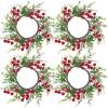 Winlyn 4 Pcs Artificial Frosted Cedar Pine Candle Rings Christmas Candle Holder Rings Wreaths Pine Cones Red Pip Berries Mini Window Mirror Wreaths 14.6″ Wide for Winter Holiday Table Farmhouse Décor(C)