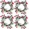 Winlyn 4 Pcs Artificial Frosted Cedar Pine Candle Rings Christmas Candle Holder Rings Wreaths Pine Cones Red Pip Berries Mini Window Mirror Wreaths 14.6″ Wide for Winter Holiday Table Farmhouse Décor(K)