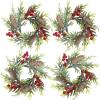Winlyn 4 Pcs Artificial Frosted Cedar Pine Candle Rings Christmas Candle Holder Rings Wreaths Pine Cones Red Pip Berries Mini Window Mirror Wreaths 14.6″ Wide for Winter Holiday Table Farmhouse Décor(M)