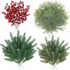 Winlyn 60 Pcs Christmas Artificial Pine Branches Red Berry Picks Fake Greenery Plants Pine Sprigs Christmas Tree Stems 8.1″-12″ for Holiday Christmas Tree DIY Garland Centerpiece Floral Arrangement