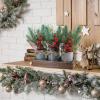 Winlyn Christmas Farmhouse Centerpiece Rustic Wood Tray 3 Galvanized Pots with Artificial Pine Cedar Red Berry Snowy Pinecone Christmas Arrangement Table Decoration for Holiday Home Kitchen Mantel