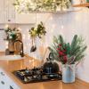 Winlyn Christmas Farmhouse Centerpiece Rustic Wood Tray 3 Galvanized Pots with Artificial Pine Cedar Red Berry Snowy Pinecone Christmas Arrangement Table Decoration for Holiday Home Kitchen Mantel