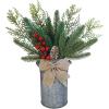 Winlyn 15″H Farmhouse Christmas Centerpiece Rustic Metal Milk Can Artificial Christmas Floral Arrangement with Pine Needle Cedar Red Berry Snowy Pinecone for Country Home Kitchen Holiday Mantel Table
