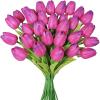 Winlyn 28 Pcs Multicolor Tulips Artificial Flowers Faux Tulip Stems Real Feel PU Tulips Easter Spring Wedding Bouquet Centerpiece Floral Arrangement Cemetery Table Décor 14″ Tall(Rose Red)