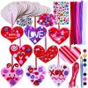 Winlyn 36 Sets Valentine’s Day DIY Assorted Wood Heart Ornament Craft Kit Unfinished Paintable Wooden Heart Cutouts Stickers Metallic Chenille Stems Pom-Poms for Kids Classroom Party Decoration