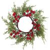 Winlyn 4 Pcs Artificial Frosted Cedar Pine Candle Rings Christmas Candle Holder Rings Wreaths Pine Cones Red Pip Berries Mini Window Mirror Wreaths 14.6″ Wide for Winter Holiday Table Farmhouse Décor(A)
