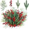 Winlyn 60 Pcs Christmas Artificial Pine Branches Red Berry Picks Fake Greenery Plants Pine Sprigs Christmas Tree Stems 8.1″-12″ for Holiday Christmas Tree DIY Garland Centerpiece Floral Arrangement