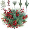 Winlyn 65 Pcs Artificial Pine Branches and Red Berries Stems Christmas Greenery Stems Cedar Picks for Christmas Tree Wreath Winter Wedding Holiday Floral Arrangement Table Centerpiece DIY Crafts