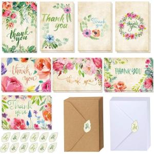 120 Sets Bulk Thank You Cards with Envelopes Stickers Assortment Blank Thank You Note Cards 8 Designs Watercolor Floral Calligraphy Thank You for Wedding Baby Shower Birthday Party Greeting Stationery