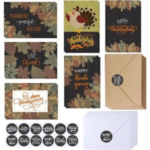 120 Sets Bulk Thanksgiving Cards with Envelopes Stickers Assortment 6 Designs Blank Vintage Fall Leaves Turkey Chalkboard Greeting Cards Blank Holiday Harvest Cards Give Thanks Cards 4×6