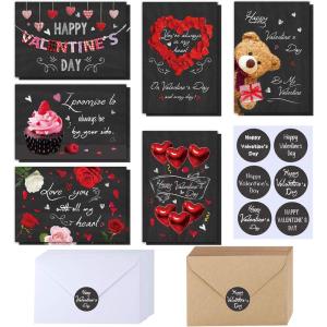 120 Sets Valentine’s Day Cards with Envelopes Stickers Assortment Bulk 6 Designs of Blank Vintage Heart Bear Rose Chalkboard Valentines Cards Greeting Cards 4 x 6 for Her Him Valentine’s Day