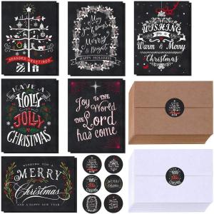 Winlyn 120 Sets Christmas Cards Holiday Cards with Envelopes Stickers Assortment Bulk 6 Designs of Chalkboard Merry Christmas Cards Vintage Blank Holiday Greeting Cards for Xmas Season Festival