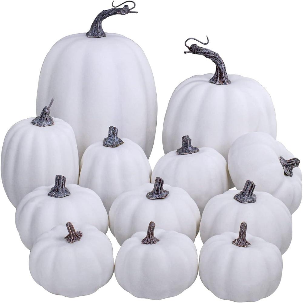 imageArtificial White Pumpkins Bulk Faux Harvest Pumpkins for Fall Wedding Thanksgiving Halloween Seasonal Holiday Tabletop Decoration Centerpiece 12 Pcs Assorted Sizes