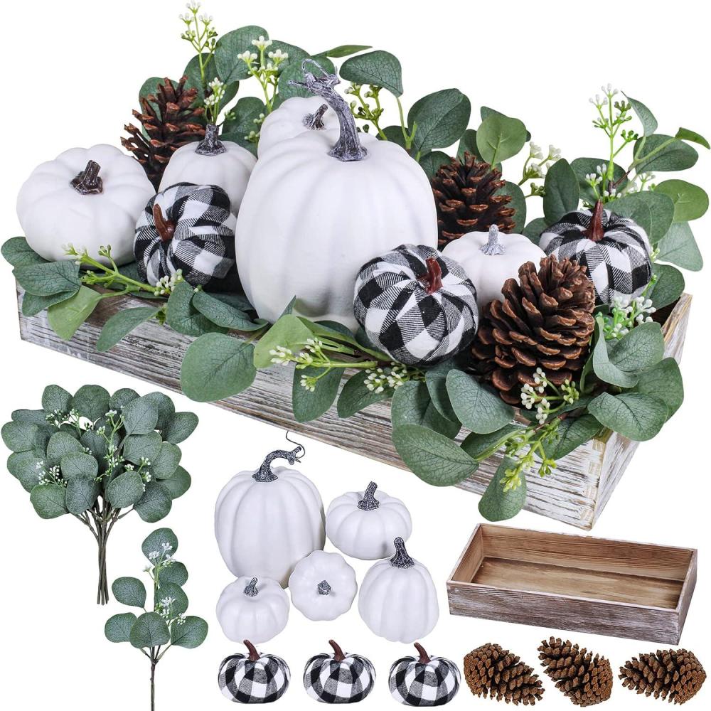 imageFall Centerpiece Assorted Artificial Buffalo Check Pumpkins Pine Cones Eucalyptus Arrangement in Rectangle Wood Box for Farmhouse Autumn Harvest Thanksgiving Wedding Table Centerpiece Kitchen Dcor