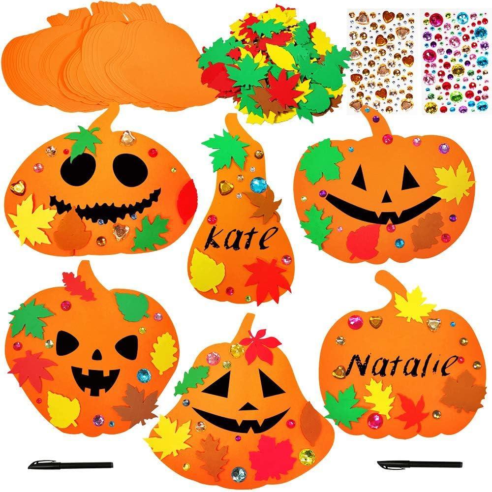 imageSupla 30 Kits Foam Halloween Pumpkin Decorations DIY Pumpkin Craft Kits Assorted Foam Pumpkin Shapes with Fall Maple Leaves Rhinestone Stickers for Kids Crafts Fall Thanksgiving Halloween Decoration