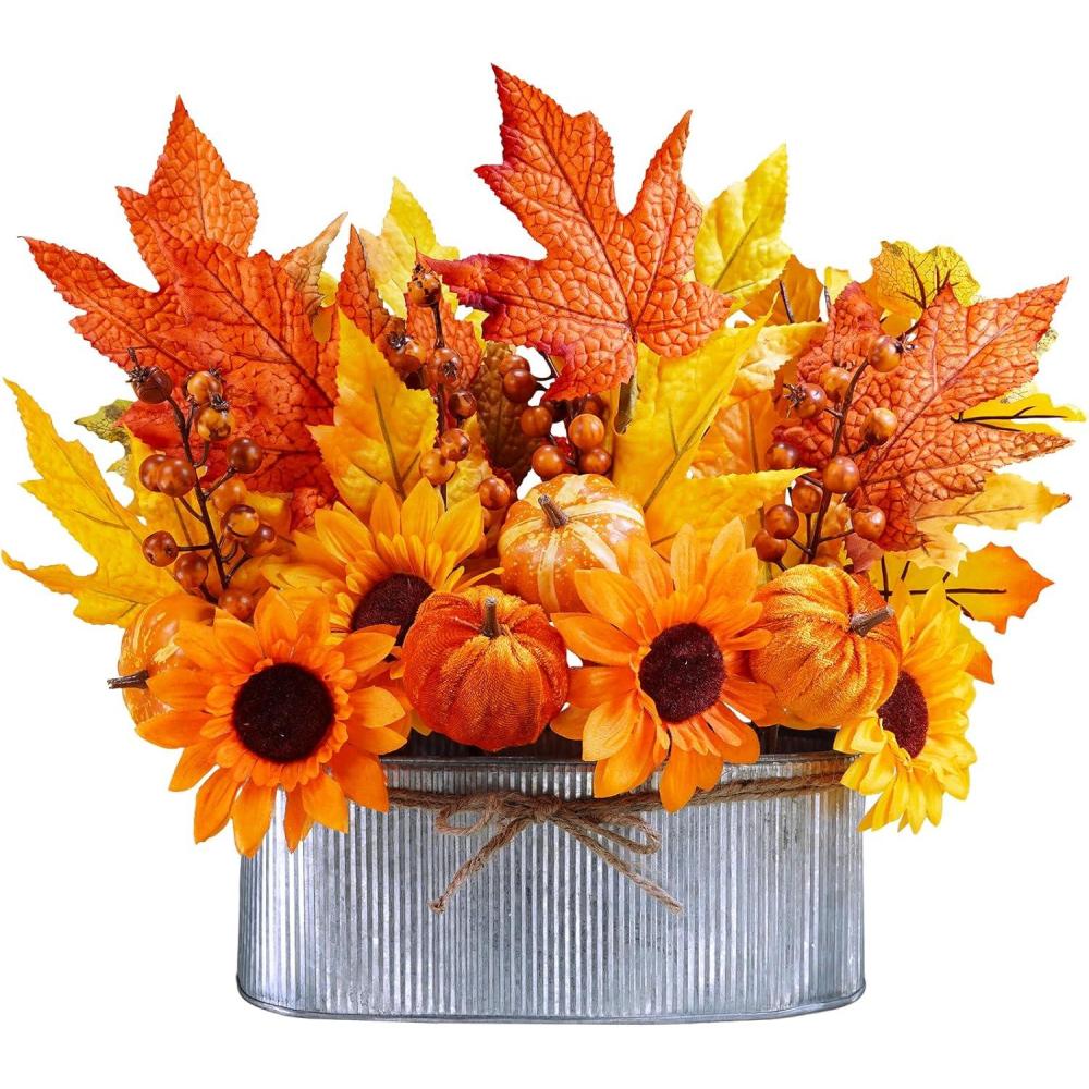 imageWinlyn 10quot Fall Floral Arrangement in Galvanized Metal Oval Planter Artificial Autumn Harvest Maple Leaf Floral Stems Faux Potted Plants Table Centerpiece for Farmhouse Wedding Home Mantel Dcor
