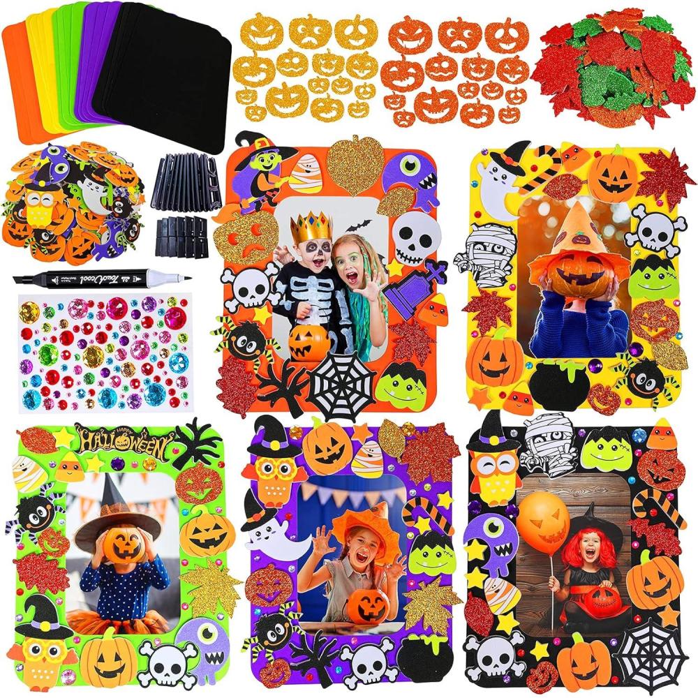 imageWinlyn 12 Sets Fall Kids Crafts DIY Picture Frame Decorations Art Sets Pumpkin Ghost Monster Foam Stickers Arts and Crafts for Kids Halloween Classroom Party Activities