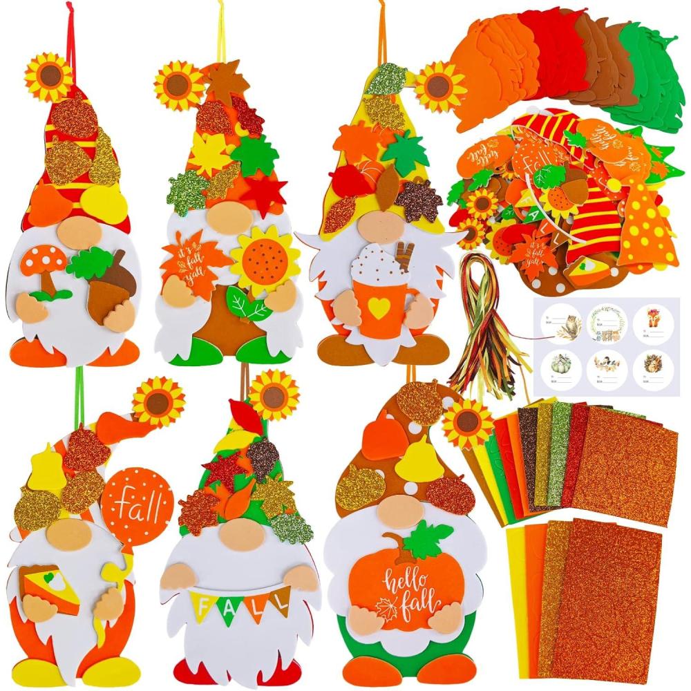 imageWinlyn 24 Sets Fall Craft Kits DIY Fall Gnome Ornaments Decorations Art Sets Fall Leaf Pumpkin Sunflower Foam Stickers Arts and Crafts for Kids Autumn Halloween Thanksgiving Activity Art Project