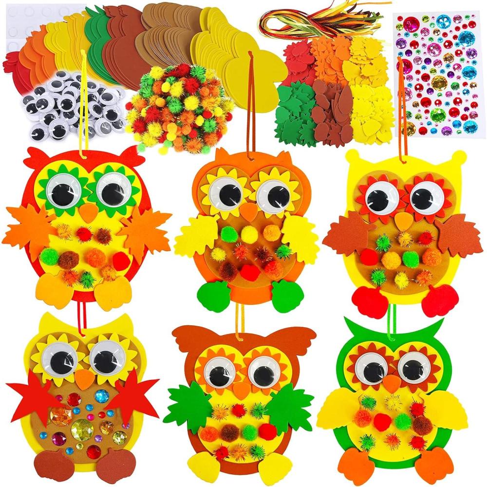 imageWinlyn 24 Sets Foam Owl Decorations DIY Fall Craft Kit With Autumn Leaves Pumpkins Googly Eyes PomPoms for Kids Gift Halloween Thanksgiving Holiday Classroom Art Activity