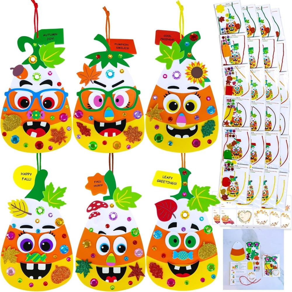 imageWinlyn 24 Sets Halloween Craft Kits for Kids Goofy Candy Corn Foam Individual Craft Kits Fall Arts and Crafts Autumn Foam Stickers for Kids Thanksgiving Halloween Home Classroom Activities Party Favor