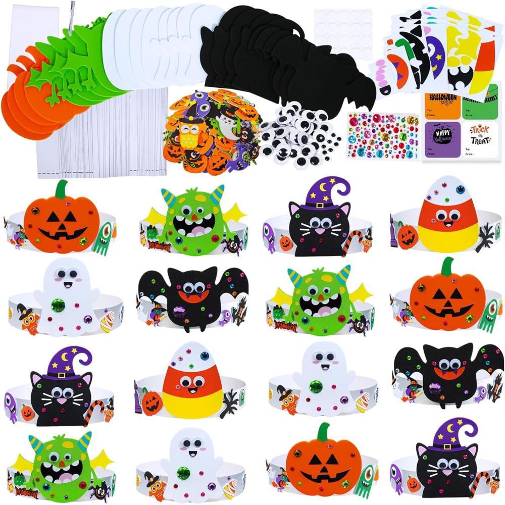 imageWinlyn 24 Sets Halloween Headbands Craft Kits Crown Art Sets Jackolantern Candy Corns Ghost Monster Bat Paper Hat with Halloween Foam Stickers for Kids Halloween Classroom Activities Party Favors