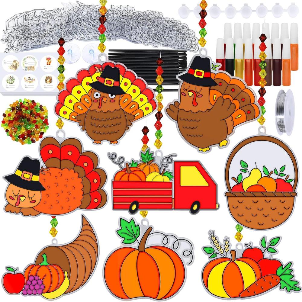 imageWinlyn 24 Sets Thanksgiving Suncatchers Ornaments Decorations DIY Window Paint Art Suncatchers Craft Kits Turkey Pumpkin Sun Catchers for Kids Classroom Activity Autumn Harvest Party Art Project