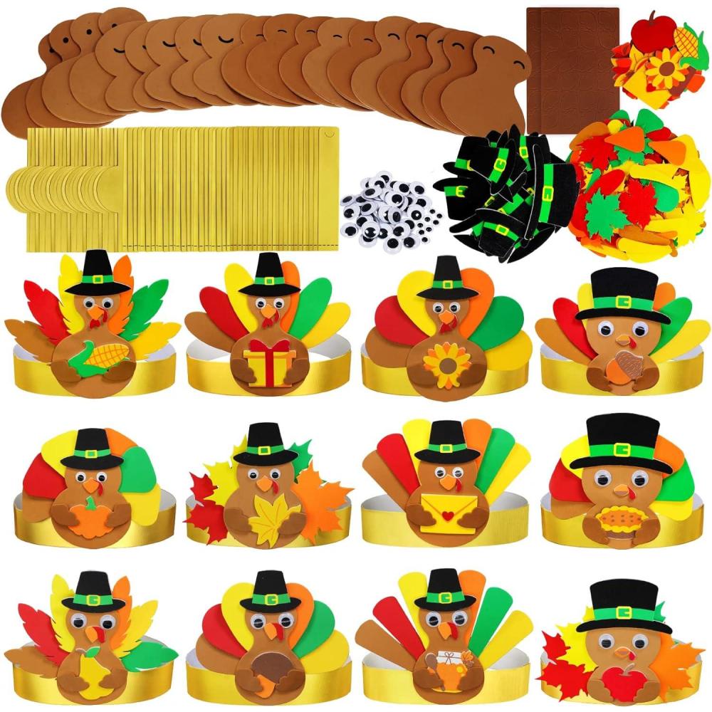 imageWinlyn 24 Sets Thanksgiving Turkey Headbands Fall Thanksgiving Craft Kits DIY Turkey Hats with Fall Leaf Pumpkin Turkey Feather Foam Stickers Googly Eyes Art Sets for Kids Party Classroom Activities