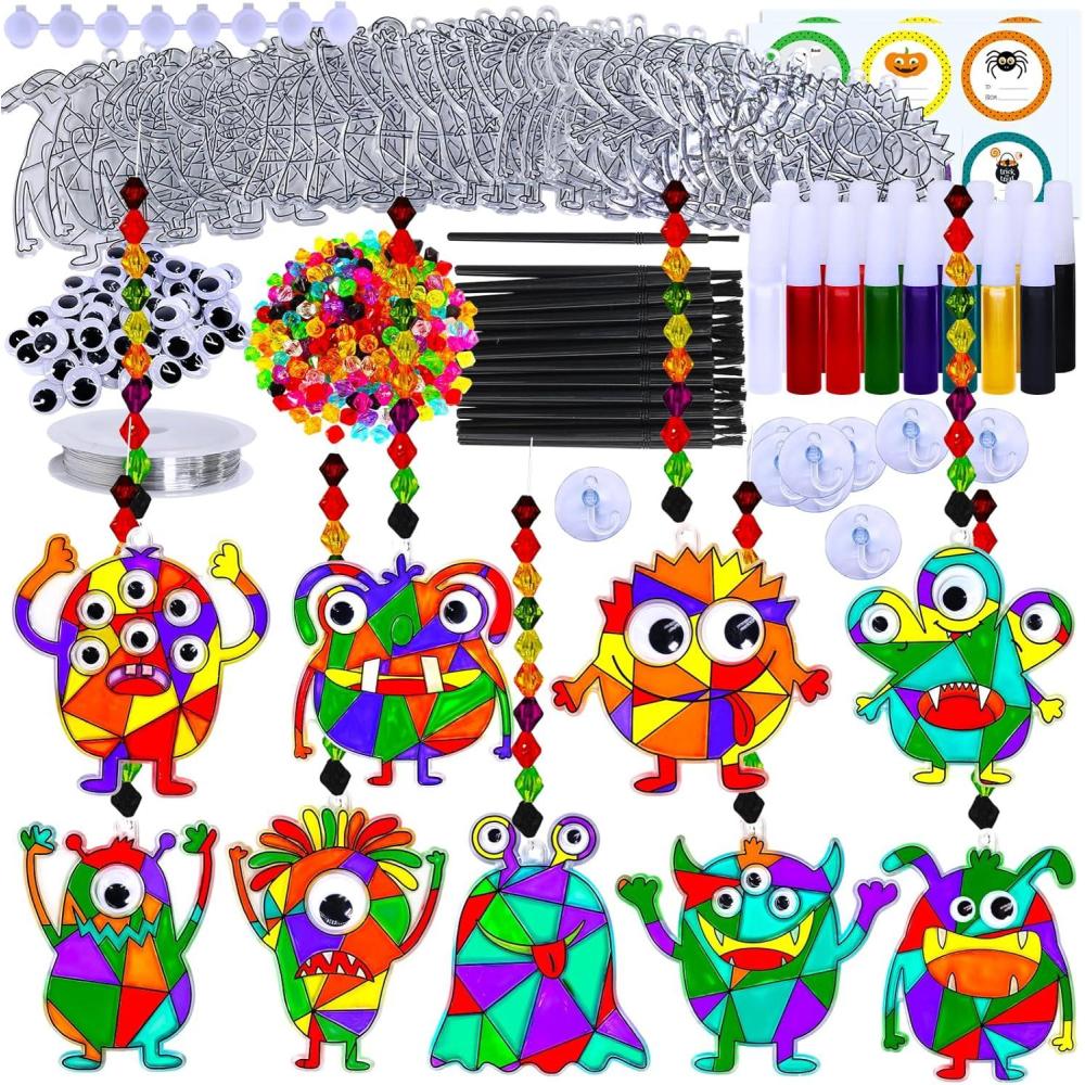 imageWinlyn 27 Sets Halloween Craft Kits Fall Crafts Monster Suncatchers Ornaments Decorations DIY Window Paint Art Suncatchers Hanging Monster Sun Catchers for Kids Classroom Party Activities