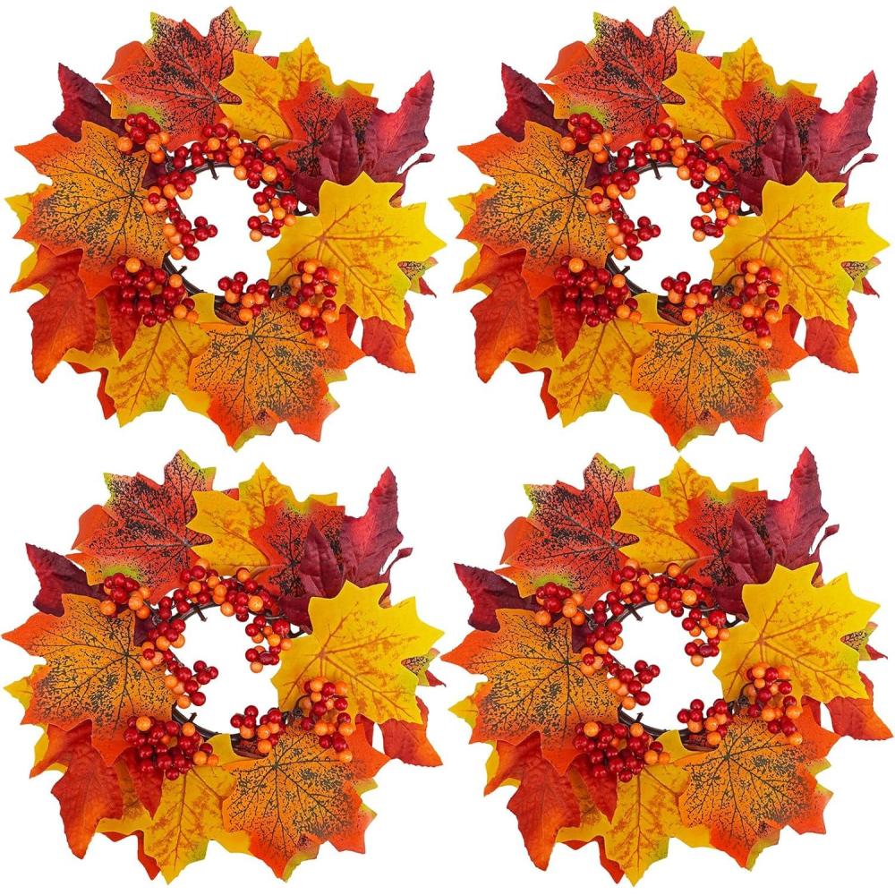 imageWinlyn 4 Pcs Artificial Maple Leaves and Berries Candle Rings Fall Candle Holders Small Candle Wreath Rings 11quot Wide for Farmhouse Fall Thanksgiving Halloween Wedding Centerpiece Table Door Dcor