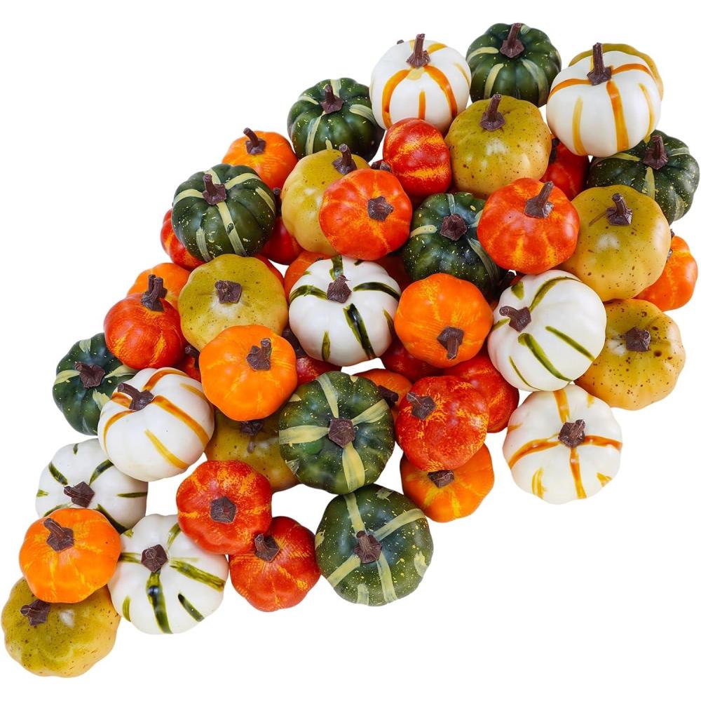 imageWinlyn 56 Pcs Assorted Mini Artificial Pumpkins Fall Harvest Pumpkins Foam Pumpkins Decorative Faux Pumpkins for Fall Wedding Halloween Autumn Holiday Thanksgiving Kitchen Table Bowl Filler Dcor